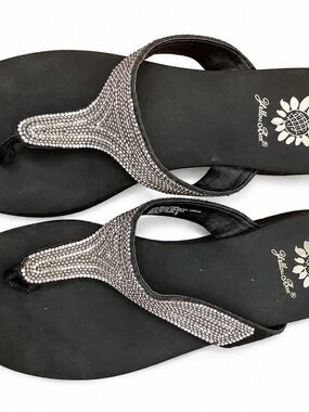 Yellow Box Black Rhinestone T-Strap Chunky Heel Sandals